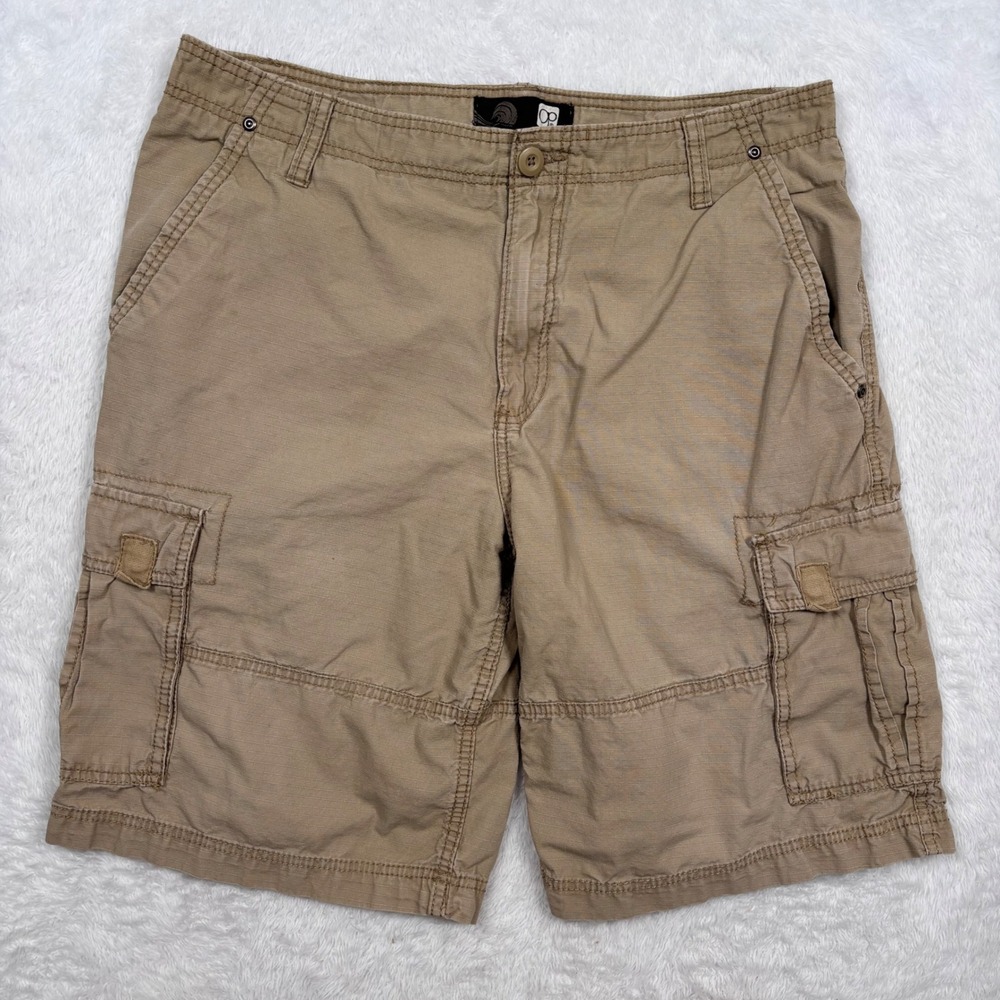 Y2K OP Cargo Shorts Mens 34 Sand Khaki Ripstop Cotton Multi Pocket Street Surf - Picture 2 of 14